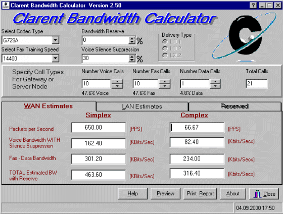 Clarent Bandwidth Calculator